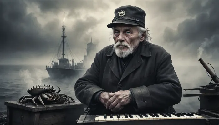 Monochrome, portrait of North German crab fisherman, 80 years old, sits on the North Sea and plays the fisherman's piano, smoking wooden pipe, Black, and, white, art, black, shading, charcoal, toned, brutal, dark, b/w, color, scheme, cloudy, smoke, atmospheric, clouds, fog, <lora:Black and white art.V1:1.4>, <lora:Cloudy_Style:.8>