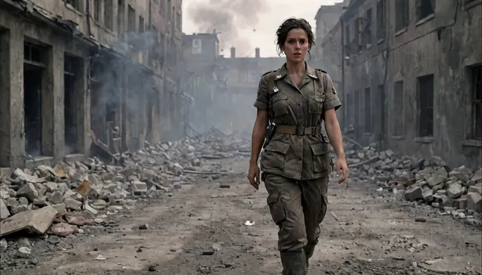 bndofbrthrs, beautiful army nurse, from front, walking towards viewer, rubble background, smoke, atmospheric, photorealistic, <lora:bndofbrthrs:2>, <lora:MJ52:2>, <lora:add-detail-xl:2>, <lora:Picture_enhancer:.8>