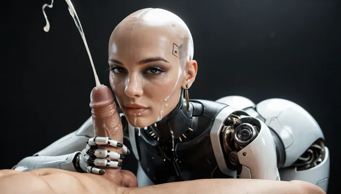 masterpiece, sexy robot doll, android, sexbot, bald robot cyberpunk, shiny chrome parts, cybernetic body, dark eyes, vacant look, medium view, seductive, on all fours, front view, fit white man with huge dick, handjob, (ejaculation:1.5), excesssive cum dripping from penis, excessivew cum on face, black room, black background, Allisfulloflove1024, ., <lora:Allisfulloflove1024:1.4>