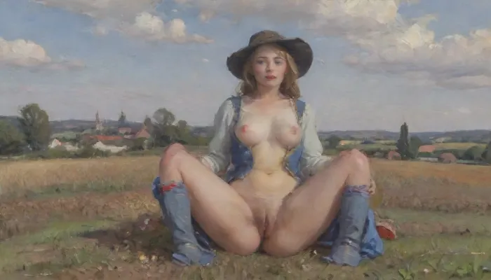 Oil painting, Milf 40 year old in medieval ragged dress sitting in a field, castel in the background, clouds in the sky, pubic hair, (a Scarecrow:1.6), view from distance, impressionist, fr4z3tt4, skirtlift, pantiesaroundfeet, bichu, oil, painting, <lora:EldritchImpressionismXL1.5:2>, <lora:fr4z3tt4:2>, <lora:skirtlift_xl:2>, <lora:PantiesAroundFeet:2>, <lora:oil painting:.1>
