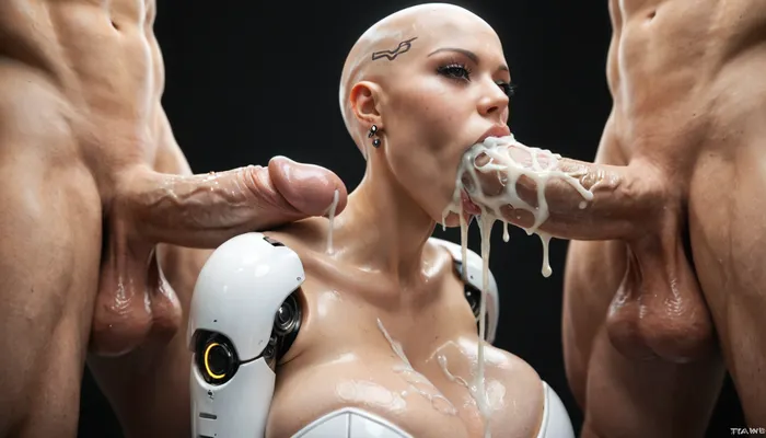 close-up, masterpiece, sexy robot doll, android, sexbot, bald robot cyberpunk, shiny chrome parts, cybernetic body, whide hips, ((massive ass:1.1)), ((massive breasts:.9)), thin waist, dark eyes, vacant look, medium view, eyes open, thick, wide hips, black room, (huge breasts:1), (massive ass:1), (wide_hips), deepthroating a massive cock of a white male massive cock, male in front of female, extreme deep throat, cumshot in her mouth, excessive cum dripping from mouth, gigantic thick 16 inch penis, huge erection. squeezing his testicles, black background., surrounded by dicks, masturbating, 3+men, <lora:Allisfulloflove1024:1.4>