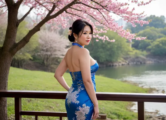 Large Filipino busty mature woman, (55 years old), thick large round breasts, dressed in a blue qipao with embroidery, one breast flashing out, black old skin, mature skin, wrinkles, Filipino woman with colossally beautiful large milky breasts, standing in nature, (((lotus blossoms))), ((((Japanese cherry blossoms))), and waving at me, her extremely thick and wide hips are visible under the qipao, wide hips, perfect mature face, perfect shot, perfect lighting, thick hanging breasts, one breast exposed, one breast naked, nipple flash, shiny black hip-length hair, hair draped over her shoulder, she has shifted her pelvis to the side, her hand on her hip, sunbeams, bright sunlight, sexy ass, plump ass visible under the qipau, full viewfrom behind, long legs)