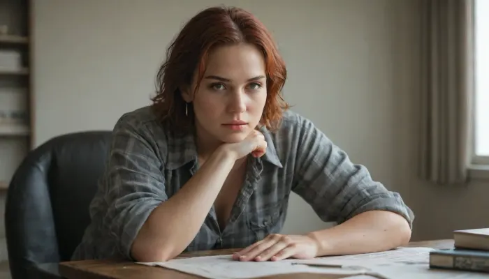 The young woman is wearing a plaid shirt with the sleeves rolled up on her forearms.Grey military trousers.Tied to a chair.He looks at me with hatred, a very evil look. Big hanging boobs.Short red hair, very wet.Chubby's body.Very strong strong forearms.Powerful and strong strong shoulders.Wide-lipped mouth.
