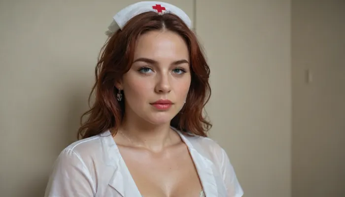 A nurse named Kristina, (KACATKA), very strong big milf, short bright very wet red hair, chubby body, big strong shoulders, Very strong, wide forearms.A very strong, very powerful, broad-shouldered woman.
Closed green nurse uniform, neckline with visible gray dirty bra.
Very freckled, He looks at me very angrily, with a hateful look from under his brows, and frowns., (the nurse squeezes the members of the shemales in her fists, many sperm on face), super realistic