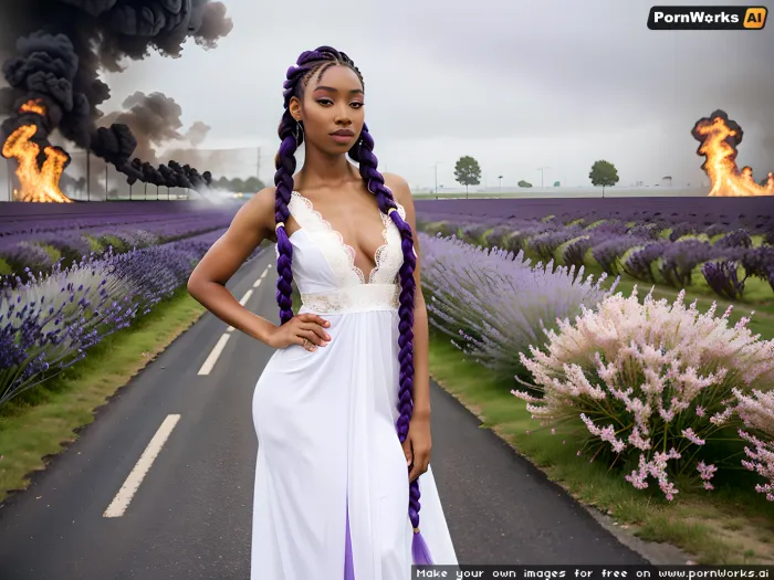 La fotorealista imagen porno generada por AI del cuerpo muscular, pestañas largas, orejas puntiagudas, brazos abiertos, piel dulce, cuerpo lleno de pecas blancas, mostrando el coño, piernas extendidas con las piernas abiertas y el pelo violeta mojado y