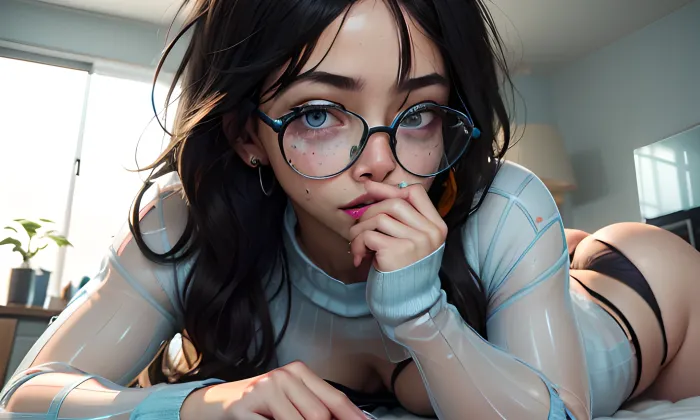 A 24mm camera captured the sharp eyes, round glasses, and sharp facial features of an e-girl with round glasses and sharp eyes as she gazed at the viewer with her sharp facial features. Her lips were full and inviting as she gazed