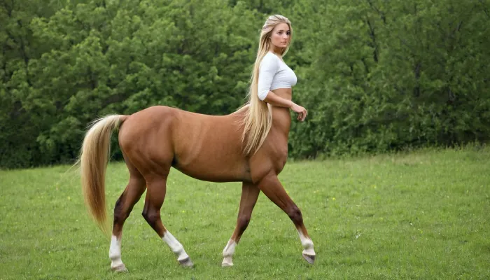 The blonde haired girl was sitting on her bed with long hair, brown eyes, and a horse tail. She was looking at the AI generated picture of a centaur with long hair, brown eyes, and a horse tail. Her body was up