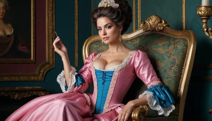Une peinture d'une femme dans une robe de style Rococo avec cinq doigts sur sa main droite et des vêtements roses et bleus inspirés de la peinture de Jean-Baptiste van Loo "The Empress Tarot Card" est à la mode sur CG Society