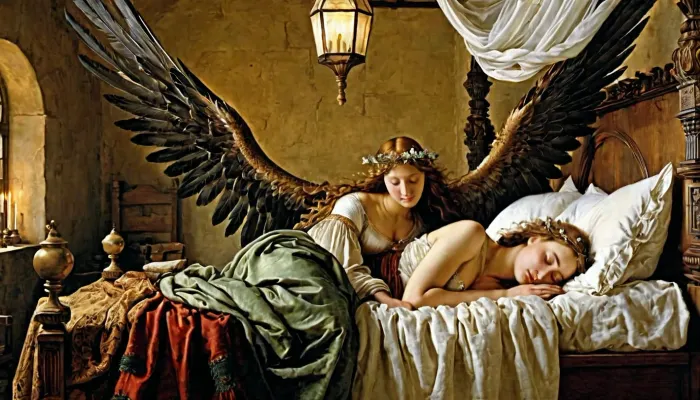 Die mittelalterliche Gravur zeigt einen Engel mit großen Flügeln über ein junges erwachsenes Mädchen, das friedlich in ihrem Bett schlafen. Der Himmel über dem Bett war hochauflösend, detailliert und hatte komplizierte Gravuren von Engeln und anderen religiösen Figuren