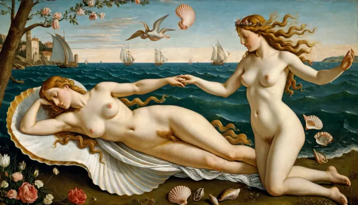 Das Bild zeigt die Geburt von Venus aus der Schale eines gerippten Herzens oder Skalopps, angetrieben durch den Wind. Auf der linken Seite bläst Zephyr auf eine Schale, wodurch ein Wind mit Blumen gefüllt. In der Mitte, Chlor