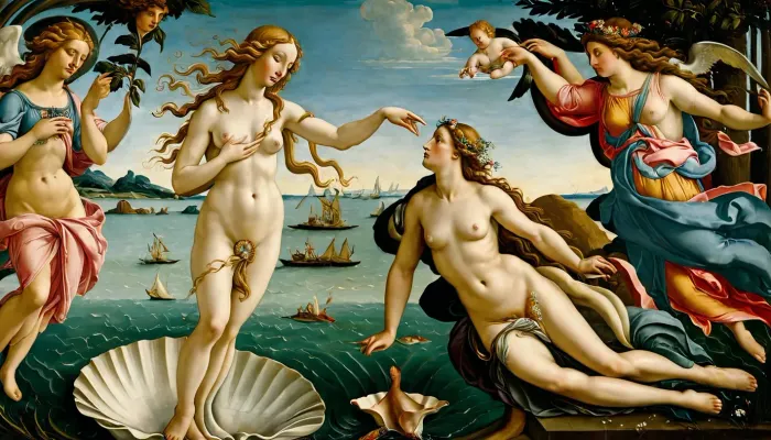 The painting depicts the famous painting "The Birth of Venus" by Sandro Botticelli, with high resolution and detailed elaboration of details. The woman is painted in the shell of a ribbed heart or scallop, driven by the wind