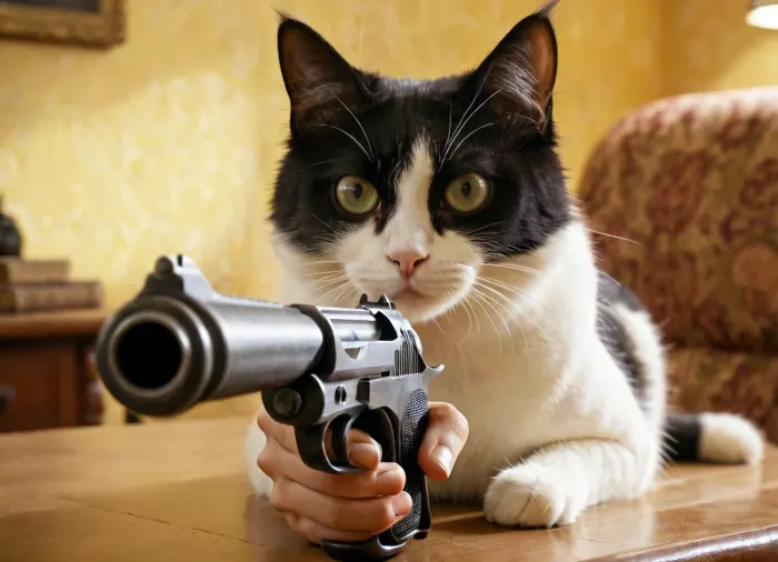 女性は彼女の腕に現実的な猫を持ち、猫は大きな目で彼女を見つめていました。 彼女の足で銃を握ったので、彼女は助けることができませんでした。 突然、猫は彼女の腕から飛び出し、に向かって走った