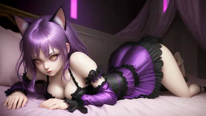 女性はベッドに登って、彼女のネオンのドレスは彼女の曲線を明らかにし、母乳を弾く。 彼女はすべての4人でクロールし、誤った目と猫のグラインで彼を見て