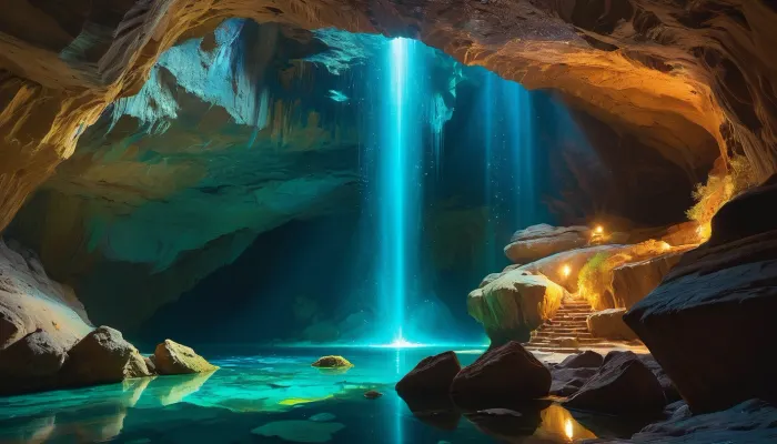 In the heart of the cave, a glistening pool of magical water sparkled with bioluminescent crystals. Gorgeous cave walls were adorned with intricate details and surreal landscapes. The giant and intricate pictures painted on the walls depicted
