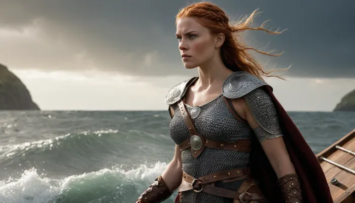 Imagina una imagen fotorrealista, capturando la energía cruda y la determinación de un guerrero feroz en un barco largo, luchando a través del mar choppy. Su cabello está trenzado en una trenza intrincada, y su cara está determinada a medida que la agarra