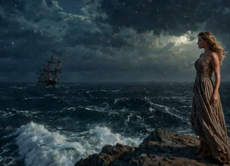 La ragazza nel vestito tattered si trovava sulla scogliera alta sopra il mare, guardando verso il mare. Mentre guardava fuori, ha visto una maestosa nave a vela con alta qualità fotografica e bassi effetti di illuminazione che la avvicinano a grande velocità