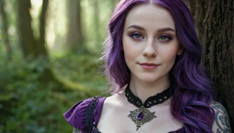 The elf woman sat in front of the mirror, admiring her pale skin and freckles. She had long hair that cascaded down her back, and she was wearing a purple dress that hugged her curves. Her makeup was done to perfection,