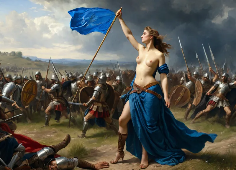 孤立した女性は、古代ローマ帝国戦士のイメージで青い旗を握る、体の山の上に立っています。 シーンは混沌と血で、男性の戦士が追いつく。 女性のドレスは青で、彼女の髪は引っ張られます