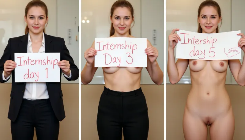 The young Swedish woman stood in the office, her body exposed and her breasts on display. On the second day, she wore a formal pantsuit and held a handmade sign with text "Internship Day 1". On the third day, she wore