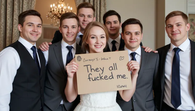 A young bride poses with six male wedding guests of different age. The bride holds a handmade sign with text "They all fucked me".