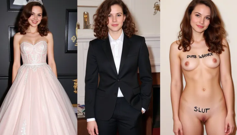 side-by-side three pictures, young French petite woman, curly brown hair, standing, (first picture on the left, princess dress, tiara), (second picture in the middle, elegant suit), (third picture on the right, naked, nude, text painted on her with black marker, "DUMB WHORE" on her breasts, "SLUT" on her groin)
