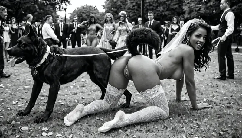 full body view, petplay, man holds with a leash a girl on all fours, like a dog in a park, dog ears, bridal veil, fluffy dog tail, tongue out, black and white hair, full nude, medium breasts, nipple piercing, pussy piercing, tanned skin, very fit body, 18 years old, white lace stockings, golden dog collar, hyper puffy swollen labia, from, behind, spread, ass, sunny day, crowd of people, <lora:282890_training_data:.5>, <lora:284451_training_data:.6>