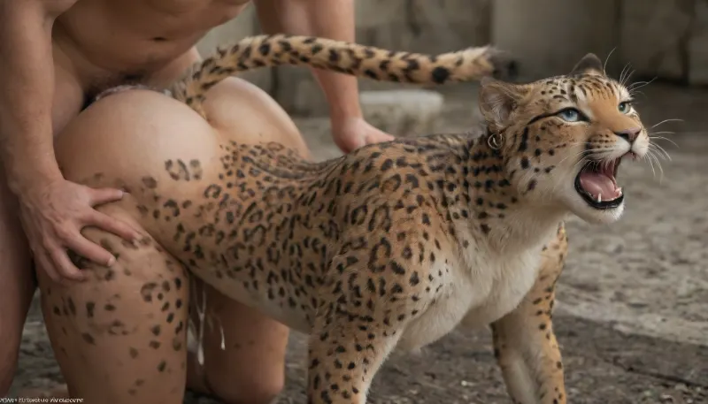 Slutty seductive female Leopard, curvy sexy body, feral, lifting tail, short hair, arched back, big round sexy ass, wide hips thick thighs, smooth glossy fur, beautiful feline face, leaking cum, horny, fat ass, fucked from behind by black man, crying, drooling, shouting moaning