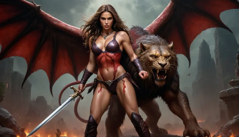 fullcolor image, full body view, 8K quality, ultra detailed, masterpiece, in style of by Boris Vallejo, A highly detailed full body painting, ((The huntress and the manticore)), the woman muscular athletic figure, very large massive heavy breasts, very long legs, very long hair, leather hunting suit, high boots, ((her clothes are torn and covered in blood)), she is holding a sword in her hands, fights with manticore, (manticore, a gigantic lion with a scorpion's sting and membranous wings), detailed high definition background