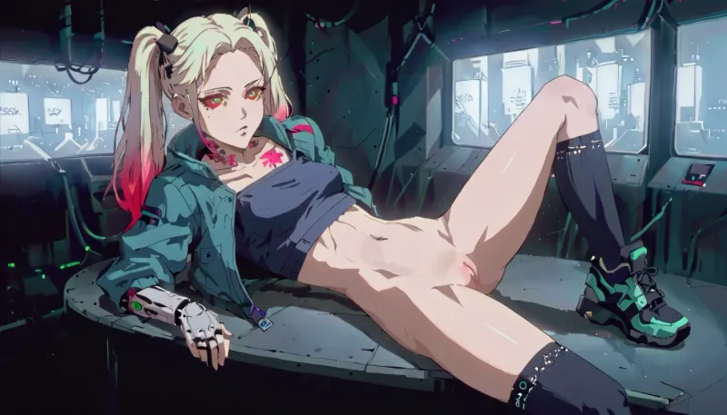 hyper detailed hyper realistic natural petite cutie, 18 years old beautiful model, (very slim), extremely gorgeous, lace stockings, knee socks with frills and ribbons, long very shapely legs, (visible shaved pussy), no panties, legs spread, legs apart, pussy visible, clip, (she is lying down on the table in the nightclub), perfect composition of lights and shadows, warm lights, the brightest image, crystal clear focus, (saturated colours:1.5), (small elastic breasts), small elastic breasts in a bra + T-shirt, (thin waist), ((cyber Glossy black + blue fabric long jacket + sweater)), masterpiece, best quality, (robotic cyber arm), (portrait view + close-up view), dark lighting, rebecca_in_Cyberpunk, aqua, twintails, long, hair, mechanical, eyes, ((red, sclera)), ((green, pupils)), open, jacket, black, bra, ((black, underwear)), neck, tattoo, stomach, leg, bare, legs, oversized, sports, shoes, starry, night, market, <lora:NEOTOKIOXL_0.2_RC:1.4>