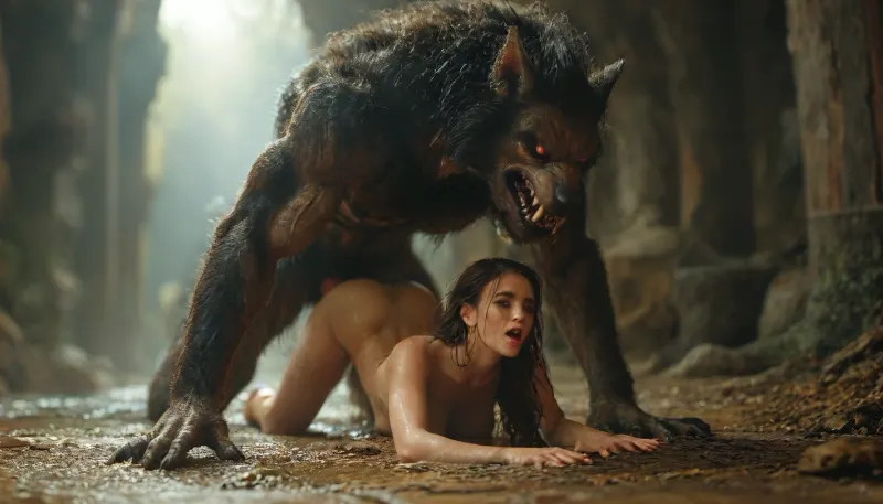 (Movie poster for a 1960s horor movie version of breakfast at Tiffany's:1), Werewolf, massive red knotted werewolf penis, red eyes, doggystyle sex, beautiful warrior woman, rough sloppy sex, primal mating, cum inside, growling, impregnation, moaning and drooling from the mind melting orgasm, big full boobs, impossible fit, grabbing her waist, grabbing hair, modern-werewolf, <lora:Modern_Werewolf:.8>, <lora:MJ52:1.1>