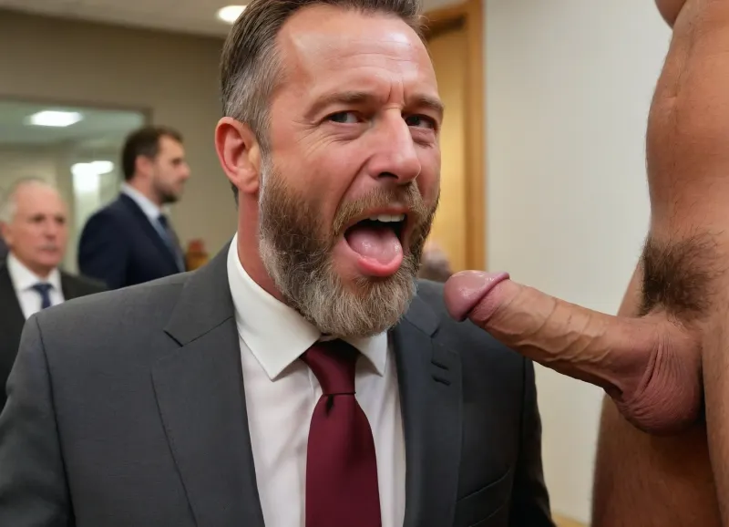 Portrait photo of a disgusted 60yo german male business man with a full beard and tears on his face in a business suit to suck a penis with a large ballsack in a bank branch. Laughing colleagues in the background, side-view, sideview, side view XL_Sevenof9_7th_NSFW, .5>, penis, Big, cock, <lora:WTS - WhatTheSuck - v1:.5>, <lora:SDXL_Sevenof9_7th_NSFW:.5>, <lora:MJ52:.1>, <lora:xpenis-1.5e:.2>, <lora:pein:.2>