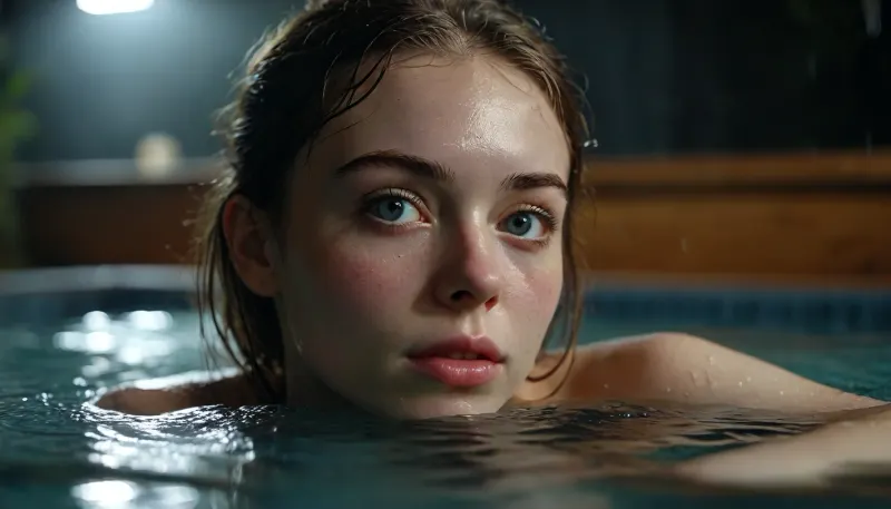 low angle. full shot. macrolens 18 year old slim, (((pale))), woman in a jacuzzi deep in the water, loud moaning, orgasm. only cute small ass peeking out of the water, lying on her side. very wet skin. darkest night, detailxl, perfecteyes, <lora:MJ52:.5>, <lora:lora-sdxl-perfect-eyes:.5>