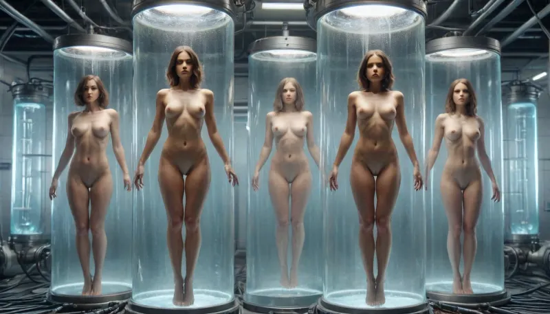 futuristic laboratory, giant tubes and vats of strange liquids, pipes, cords, cables, chemicals, full body portrait, ((multiple nude women floating suspended in large tubes of glass)), Containment, Tube, <lora:ContainmentTubeXL:.8>