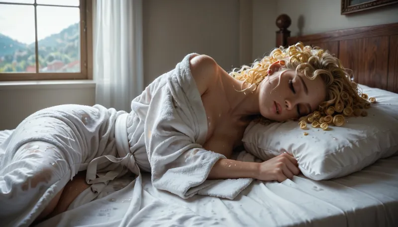 A white bedroom, window, darkness behind window, white bed, blue sheets, sunshine

An angelic young woman, long gold curls, in silky white bathrobe, sleeping on bed, wet, exhausted, cum on sheets