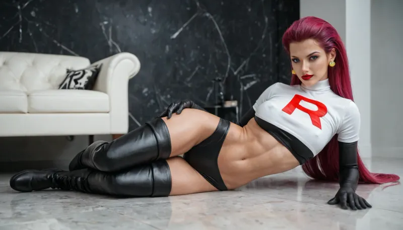 1girl, (Hiperrealistic style), amateur 8k photo, luxurious bedroom black theme, (Pokémon’s Team Rocket Jessie), (Pokémon’s Jessie Team Rocket outfit:1), (hiper detailed body), (25yo), (tall), (slim and fit figure), (narrow waist), (defined hips), (long toned legs), (firm butt), (moderate natural bust), (elegant, confident posture), (smooth fair skin), (toned but feminine physique), (very long magenta hair styled in a high side-swept coil), (large blue eyes), (soft purple eyeshadow), (red lipstick), (white crop top with a red “R” emblem), (white fitted miniskirt), (thigh-high black boots), (black satin opera gloves), frontal to camera, lying belly down on floor with buttocks up.