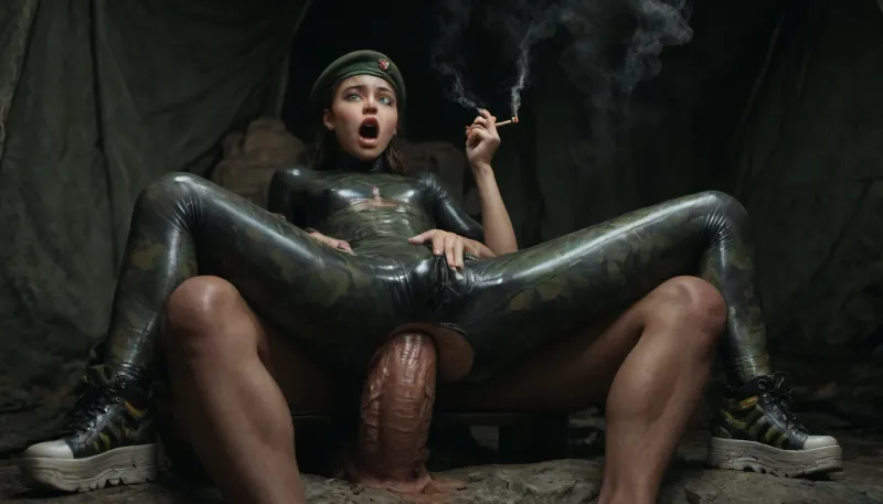 (realistic), (detailed), in forest, inside very cosy tent, (full body view), (19yo), (Swedish girl:1.11), with, (perky, teeny breasts:1.17), skinny legs, small feet, (detailed, spread vagina), wearing, latex leotard, (cutout, showing breasts:1.33), latex skirt, laced latex stockings, (military-green, camouflage-patterned, skin-tight latex:1), (girly platform sneakers:1.36), military-beret, sitting, reclined, in modern, oversized, very comfortable chair, feeling relaxed and cosy, (spread legs), (strained screaming, having intense orgasm:1.11), (being fucked in tight anal by, (giant man, military general:1.38), with, (veiny, wide, massive penis:1.16):1.29), (general is smoking a broad, short, brown cigar), sitting position, (anal in view), <lora:dark:.3>, <lora:detailed_notrigger:1.1>, <lora:cfg_scale_boost:.9>