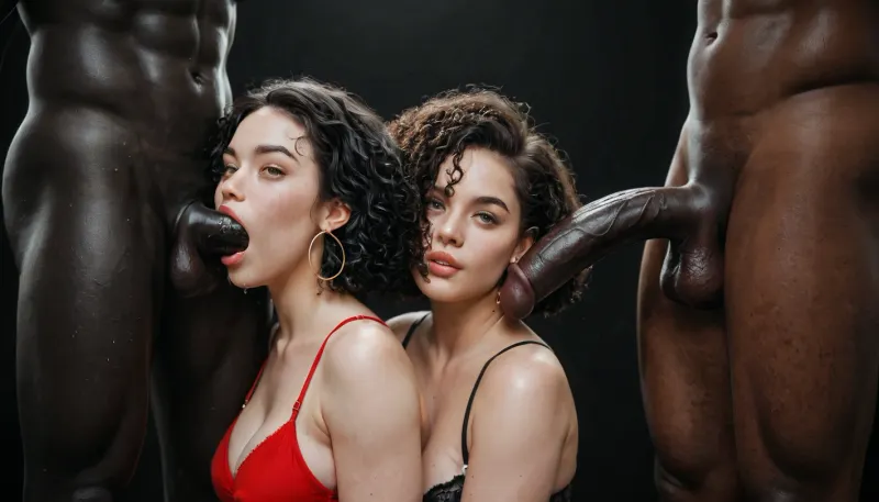 black african man, absolutely black skin, deep ebony skin, African, Nigerian, Nubian, (((absolutely black skin))), short straight black hair, red spandex top, showing his massive 25 inch erected penis to 5 bbw white women wearing black lingerie, black room, black background.