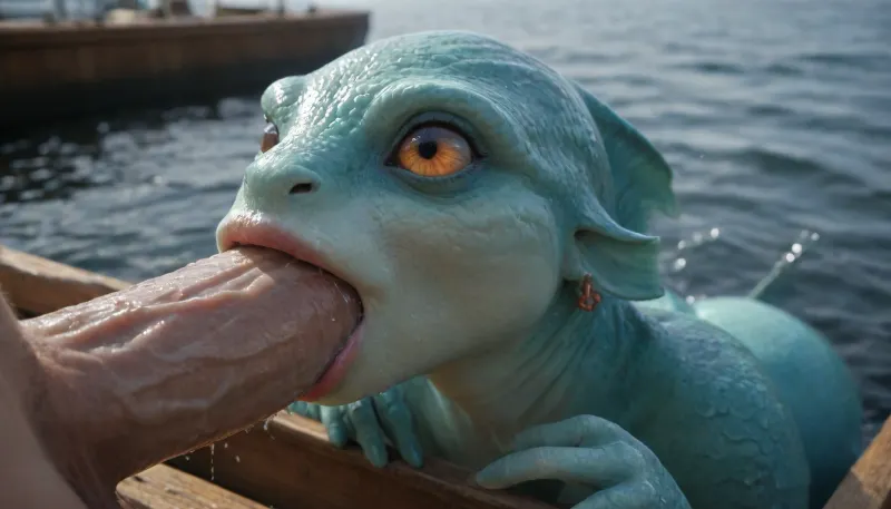 (Masterpiece), 1 fish creature with a fish face and fish head doing a deepthroat to 1 fisherman huge dick on his boat, (super fish scales glowing sticky skin), perfectly bald, hyper sloppy bubbles deepthroat, blowjob, very detailed eyes, huge cute lips, very detailed hands, pumping, (super wet dick), bubbles coming out of mouth, hyper saliva, hyper bubbles, huge hyper long elastic mouth, fins, hyper creature, fish, random color, INFO, rodian, alien, <lora:RodianXL:2>