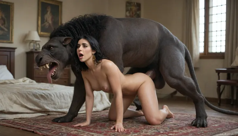 Cleopatra beneath an anthropomorphic panther monster, (fucking monster's massive cock), pleasure, screaming, zoophilia, beastiality, excessively hairy bush, dense long pubic hair, excessivepubichair, full body view, <lora:253562_training_data:.8>