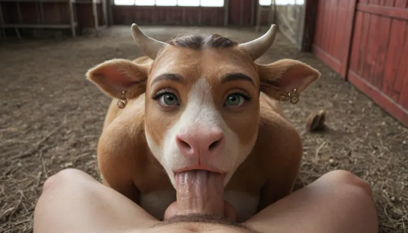 (masterpiece), (ultra high definition), sexy brown cow creature face fucked, shes looking up, (super wet face fuck), (barn background), (hyper cow creature), (humanoid body), ((tail)), (super sexy cow head), (hyper sexy), ((furry)), (pov)