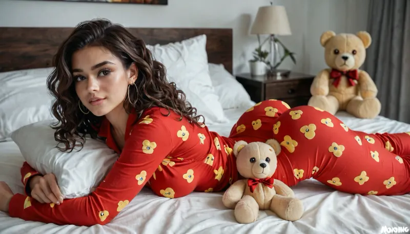 23 years old latina, brunette, long wavy hair, tight red long-sleeved pajamas with a pattern of yellow teddy bears, very tight on arms and tits, Tight red pajama pants with a pattern of multiple yellow teddy bears, very tight, cameltoe, in the bed, ((lying face down)), big butt, Cinematic lighting, realistic textures, 4K resolution, (mooning:1.5), showing her butt, lowered pants, <lora:mooningv2_SDXL:1.3>