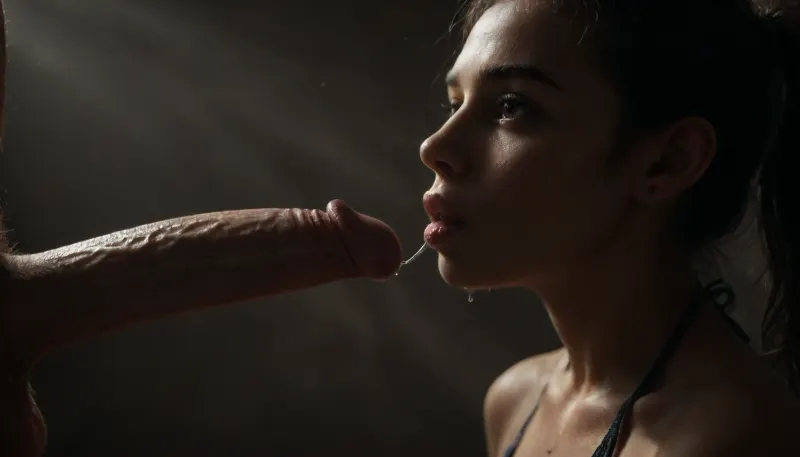 ((young petit woman, wet lips, kissing cock, saliva dripping on cock, sloppy, slobbering, wet cock)), ((full body and head in frame)), beautiful college gymnast, ((perfect anatomy)), (tanned detailed skin), black hair in ponytail with tendrils, surprised eyes, enjoying, slim fit body, perfect tiny boobs, perfect butt, (wearing dark colour long halter top deep v neck club dress), pubic hair, ultra detailed, intricate details, detailed face, beautiful dark eyes, focus on face, full body view, (soft lighting, soft shadows), (extremely detailed:1.5), (maximum quality:1.5), (high resolution:1.5), (ultra realism:1.5), (realistic skin texture:1.5), (realistic texture:1.5), (masterpiece:1.5), 8K, (realistic lighting), (realistic shadows), movie, still, film, cinematic, shot, lighting, macro, 35mm, green, eyes, blue, brown, close, up, teeth, braces, <lora:dark:.2>, <lora:ahxl_v1:.7>, <lora:M05_Intensify:.6>, <lora:Adjust_SDXL_v3.0:.8>, <lora:AdvancedEnhancerXLv2:.5>