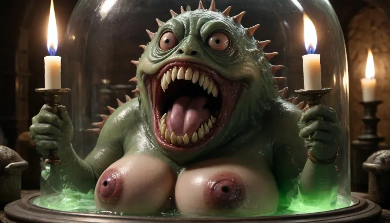 Giant beholder with a big mouth and lots of teeth, in a glass case filled with green liquid in a dungeon dimly lit by torches, its tentacles are reaching out of the case, wears a monocle over its eye, ginormous tits, huge tits, big saggy breasts, (Q cup breasts, lactating tits)
