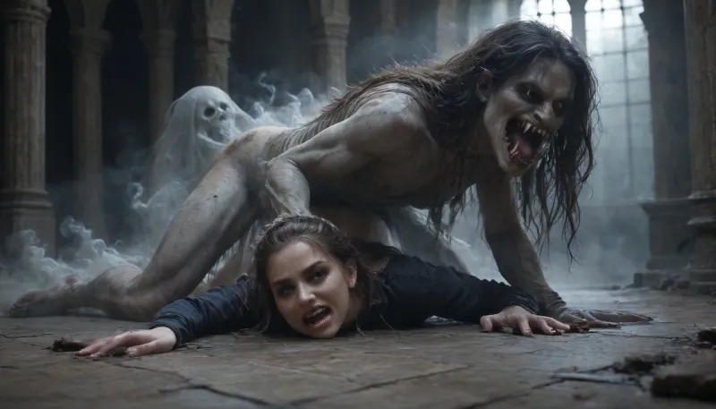 massive brutal creepy ghoste taking turns having sex with human solo female, flat-chested, on all fours with legs slightly spread, hands on the floor, massive pussy penetration, ribbed cock penetrating pussy, vaginal sex, passionate sex, all the way, moaning, big pussy juices, long sleeve tight bodystocking, athletic body, high definition, blue eyes, blond hair, long hair, extremely beautiful face, very detailed, The scene is in the surroundings of an ancient castle, (abused by various terrifying ghosts with long fangs:1.7), The atmosphere is frightening and arousing at the same time. high detailed, 1girl, 1boy, prone, bone, sex, from, behind, lora, (ProneBone-000010:.5), Black, and, white, art, black, shading, charcoal, drawing, toned, brutal, dark, b/w, color, scheme, modern-werewolf, cloudy, smoke, atmospheric, clouds, fog, <lora:Black and white art.V1:1.2>, <lora:ahxl_v1:.9>, <lora:Modern_Werewolf:.6>, <lora:Cloudy_Style:.8>
