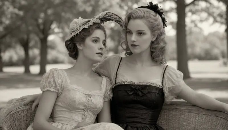 A grayscale, vintage-style portrait of two women. One woman, positioned slightly left of center, is seated, leaning back, her head resting on the lap of the other woman. She has light blonde hair, and appears to be of a young to middle adult age, and fair-skinned. She is dressed in a dark, ornate gown, with lace detailing and frills. She is holding a fan. The second woman, positioned slightly behind and above the first, is wearing a dark jacket, a collared shirt, and a top hat. She also appears to be young to middle adult age, with fair skin. Both women are wearing gloves, suggesting a formal setting. Their facial expressions are soft and slightly melancholic. The setting appears to be an outdoor garden or park, with blurred, out-of-focus trees and foliage in the background. A hand-held fan is prominent. The overall composition is intimate, with a focus on the interaction between the two women. The lighting is diffused, creating soft shadows, and the style is reminiscent of antique photographic prints. The sepia tone and textures give a vintage feel, suggesting an older style of photography. A soft veil is draped around the reclining woman. The perspective is slightly elevated, offering a close-up view of the subjects., AgedSepiaCE, <lora:PhotoAgedSepia01-00_CE_SDXL_128OT:.8>