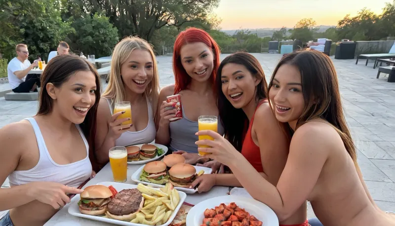 Iphone15max photo, Party selfie photo, outdoors bbq party at sunset, lots of amateur beautiful girls in the background, 21 year old natural beauties, different hair styles, natural beautiful bodies, different ethnicities, different tight clothing, girls playfully laughing together, big group of girlfriends having a good time, eating hamburgers, drinking beer, realistic detailed faces, hyperrealistic skin details, play of light and shadows, hyperrealistic spontaneous scene., 4ng3l, face, <lora:SDXL_BetterFaces-LoRA_v1:.8>, <lora:SDXLHighDetail_v6-000005:.8>