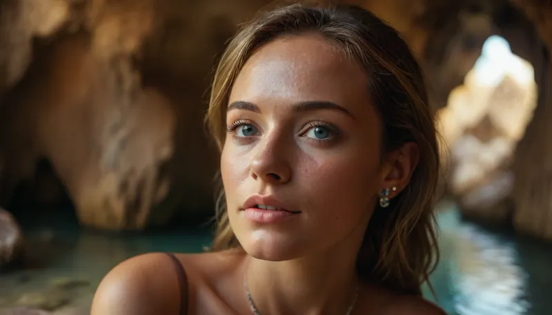 (warm ambient light:.5), Slim 35 years old Woman, close up of perfect face, incredibly seductive look, small silver ear stud, (photorealistic:1.5), 8k, UHD, strong sidelight, contrast, tack sharp, slim, petite, realistic matte skin, skin texture visible, (sharp focus), (high quality), (face visible), (pov_deepthrt), look back, closeup, (shadows:.4), RAW image, Canon EOS R3, DSLR photo, best quality, (realistic skin, photo-realistic:1.2), ultra high res, UHD 8K, extreme realism, maximum detail, diamond cave, turquoise play of colors, an undiscovered diamond cave, the walls glitter with millions of diamond shards on the walls, the fantastic play of light from the reflections of the water and the diamonds is breathtaking, Sunlight breaks through small holes in the cave ceiling into the cave, the walls are covered with tiny diamonds, body in focus, The image concept could have come from a dream, the image parameters ensure a dreamy, soft design, ocean, fantasy, under the sea, photography, underwater, grotto, cave, sandy, sea, floor, reef, <lora:xs_4d:.7>, <lora:MJ52:.5>, <lora:SDXLHighDetail_v6-000005:.3>, <lora:Underwater_Environment_v01-000002:.8>, <lora:ahxl_v1:1.1>