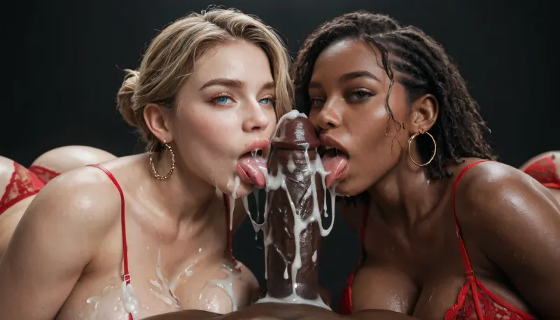 close up of a, two white women wearing red lingerie, french kissing, ((massive breasts:1)), ((massive ass:1.1)), wide hips, licking licking the 17 inch penis of a black african man, after sex, excessive cum dripping from his penis, black room, black background, front view.
