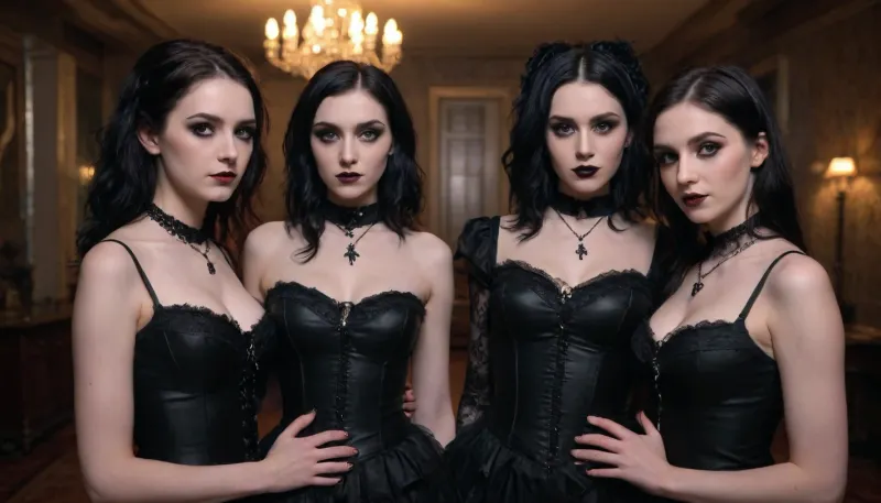 four beautiful women age 21-25, pale goth courtesans compete for your attention, each hoping you pick them, ((each woman with her own individualistic goth style)), unique outfits, posing together in a room, captivating, they are delightful sinful and wicked, realistic natural pose, indoors, real life, their naughty smiles, they are so lewd, sexual chemistry, totally realistic, subtle volumetric lighting, high detailed realistic face, realistic skin, realistic eyes, full body, <lora:518653_training_data:.8>