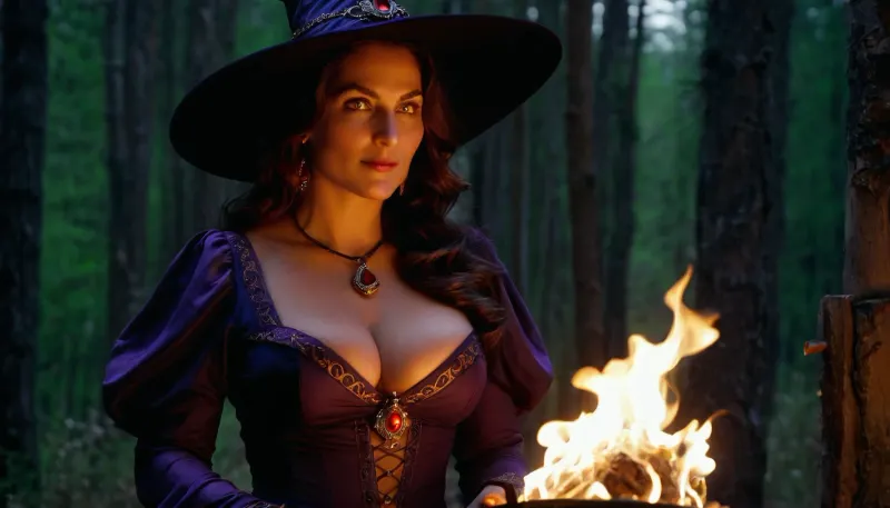 uber realistic image, fullcolor image, full body view, 8K quality, ultra detailed, masterpiece, dark fantasy, ritual sacrifice, very beautiful Witch in traditional luxurious sexy dark blue dress, with very deep cleavage, very slender body, big plump breasts, shaved pussy, very long wavy flowing hair, bright green eyes, ready for dark ritual, ((preparing to sacrifice)), ((((in the hands of the witch purple fireball)))), on the witch's face an expression of wild lust and a smile of happiness, side view